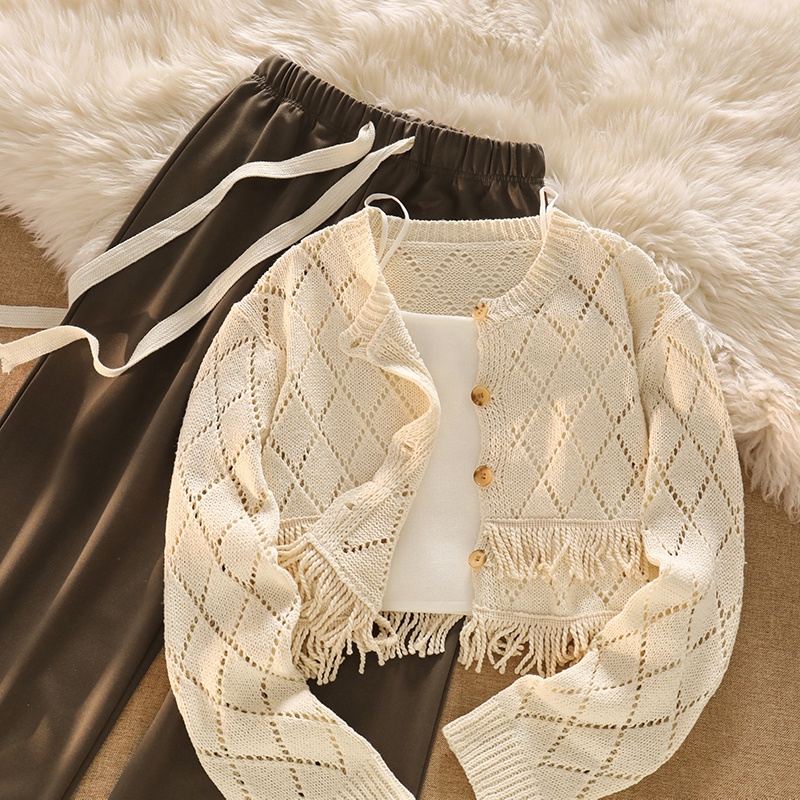 NUZIRO Bộ đồ  gồm áo cardigan dệt kim ngắn phối tua rua và quần dài dây rút phong cách Pháp thời trang cho nữ