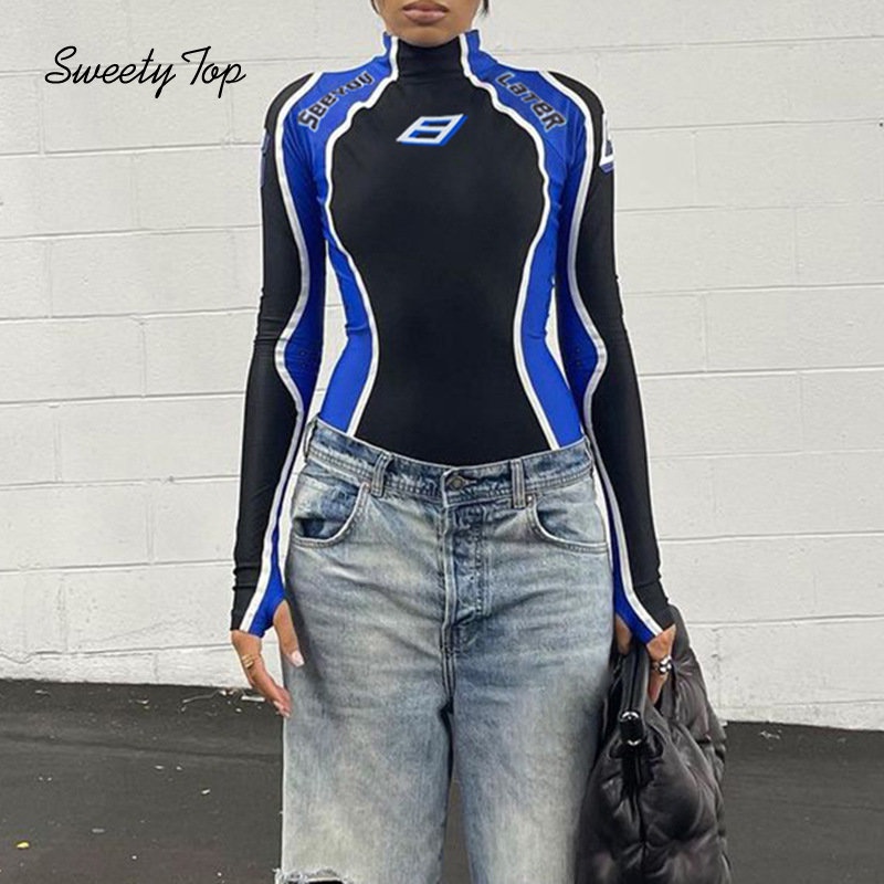 Lanlanlolo Bộ Áo Liền Quần Đua Xe Tay Dài Cổ Lọ Phối Màu Tương Phản Cá Tính Cho Nữ | BigBuy360 - bigbuy360.vn