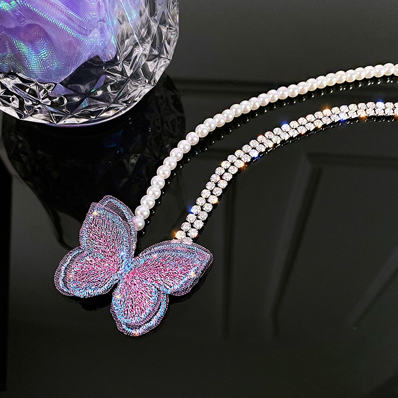 Vòng cổ choker nữ đính đá chuỗi ngọc hình bướm tím
