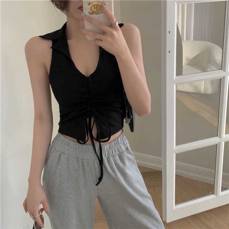 Áo Hai Dây Dáng Ngắn Màu Đen Thời Trang Mùa Hè Quyến Rũ Cho Nữ