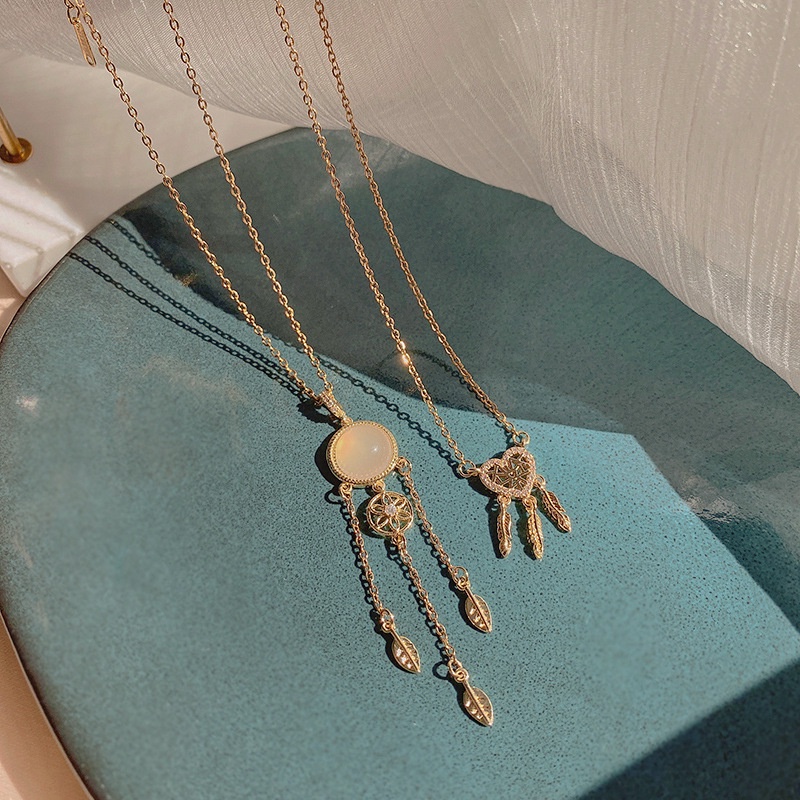 YeYi Vòng cổ Thép Titan Mặt Hình Lông Vũ Đính Đá Opal Phong Cách Hàn Quốc Cho Nữ