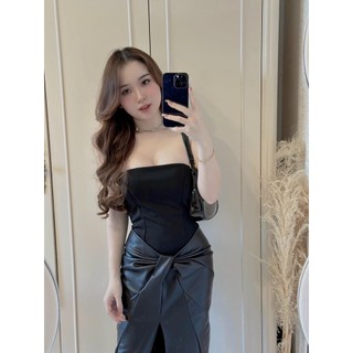 SET ỐNG ĐEN CHÂN VÁY MIDI CỘT XOẮN EO