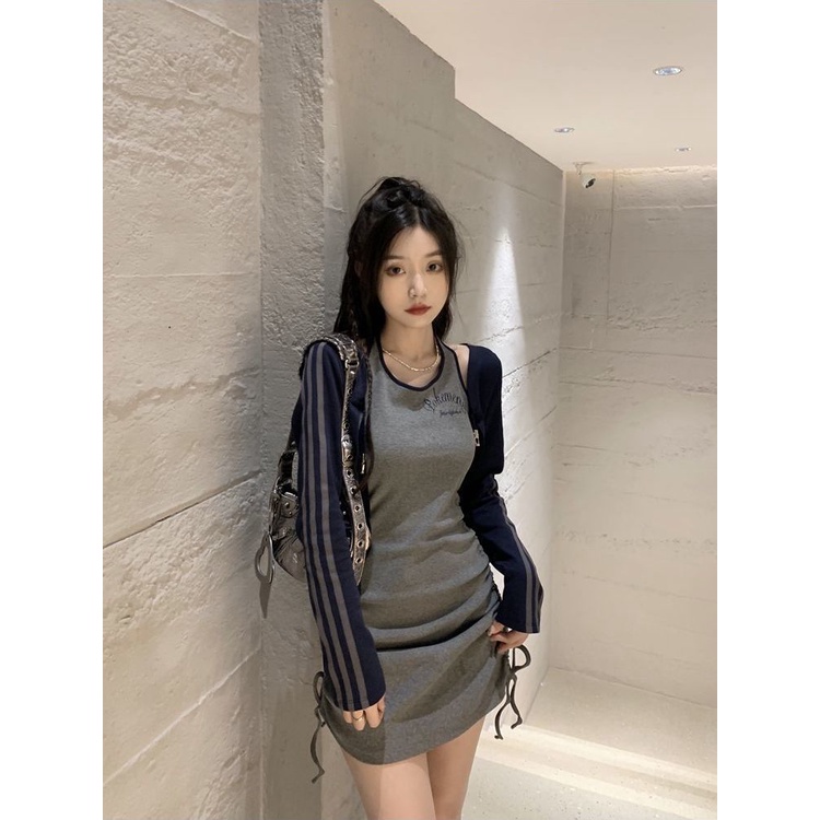 Jiashucheng Đầm Dài Tay Cổ Yếm Họa Tiết Kẻ Sọc Kèm Khăn Choàng Ôm Dáng Thời Trang Cho Nữ