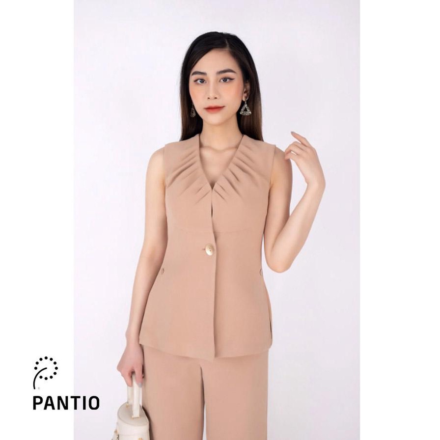 FAD1489 - Áo vest công sở sát nách vải phi cát dáng ôm cổ V không ve ngực xếp nếp - PANTIO