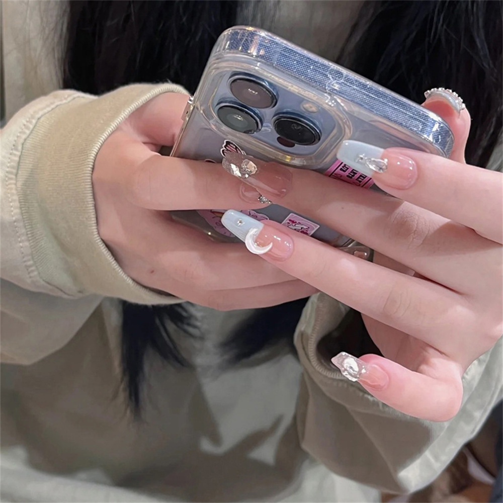 Set 24 móng tay giả YADORNOS phối hình mặt trăng đính đá thời trang