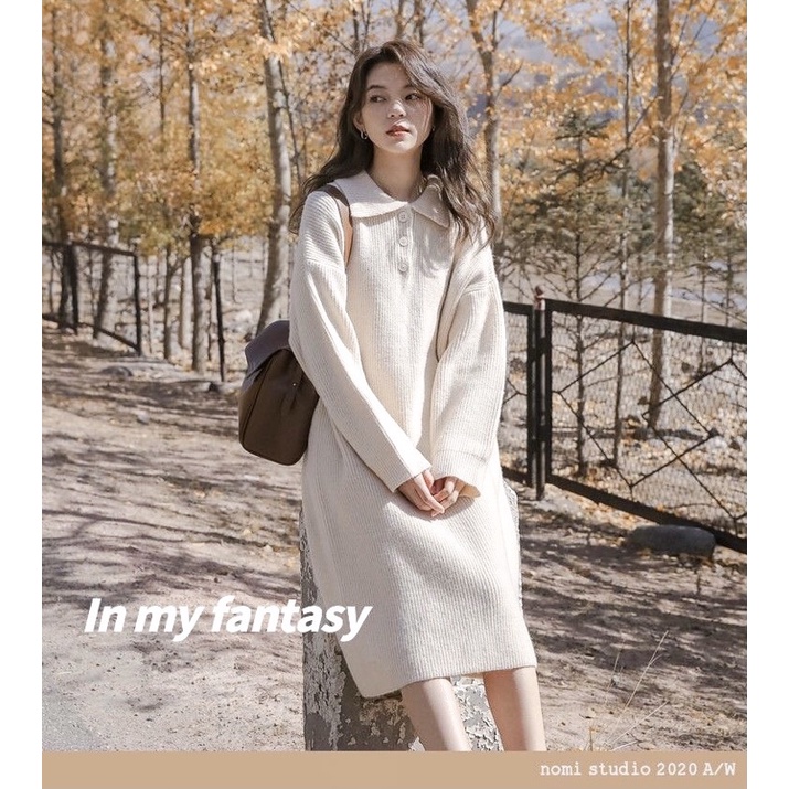 Váy len tăm dáng suông form rộng dài tay mùa đông ulzzang phong cách Hàn Quốc