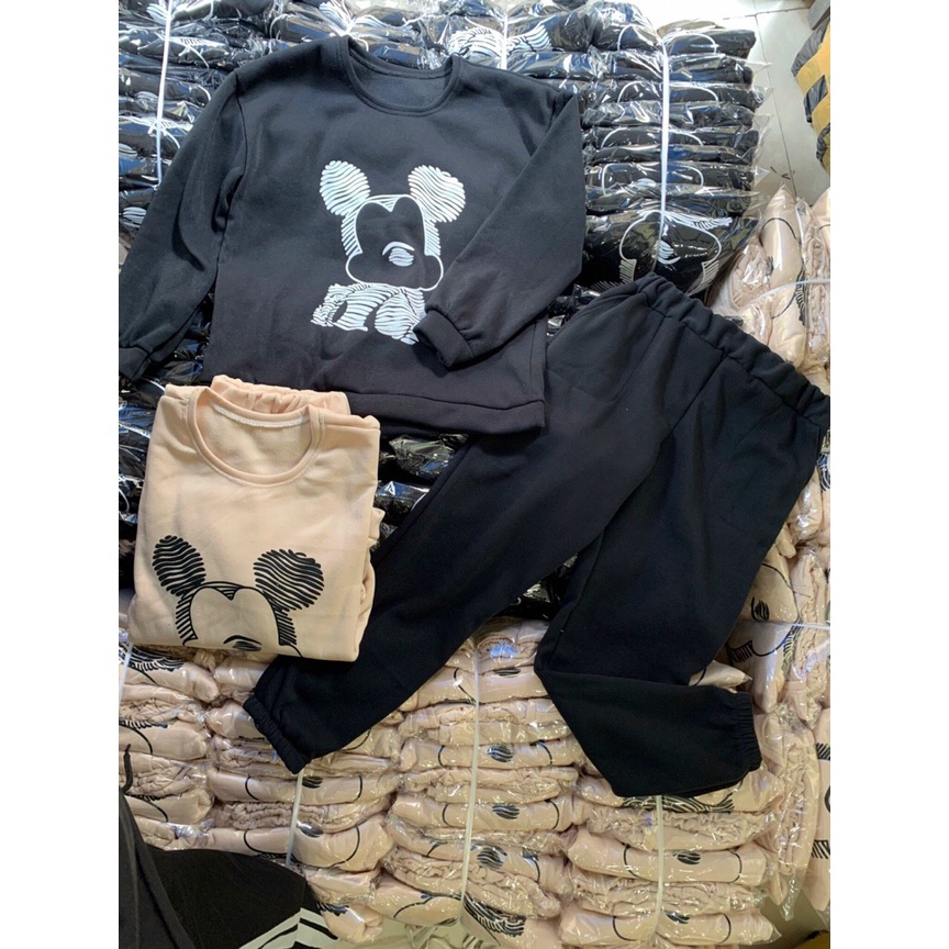 [11.11 Sale Freeship] Set áo hoodie in hình chuột mickey,bộ nỉ tay dài cổ tròn phối quần dài ống túm có túi năng động