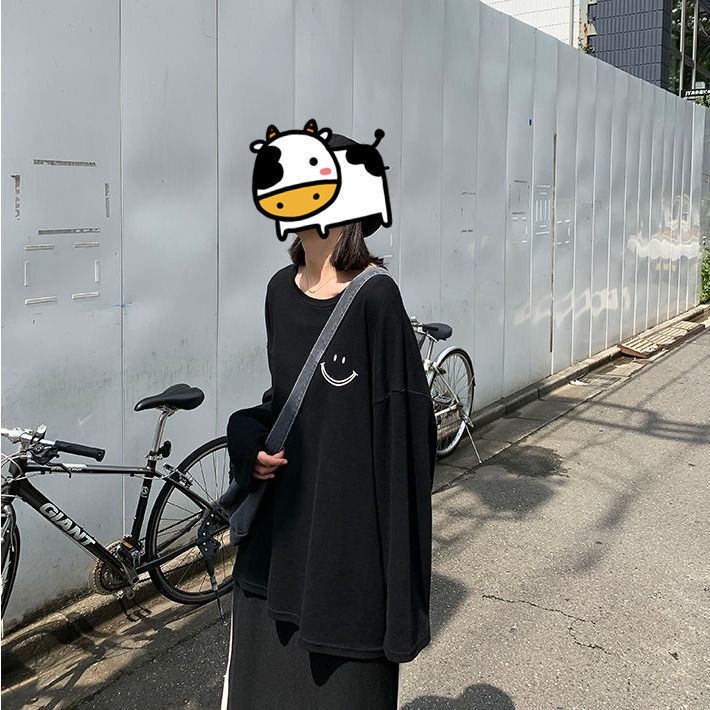 Áo thun nữ SUXI tay dài cổ tròn họa tiết mặt cười phong cách Hàn Quốc