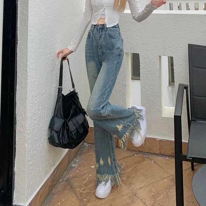 IELGY Quần denim Lưng Cao Ống Rộng Phong Cách vintage