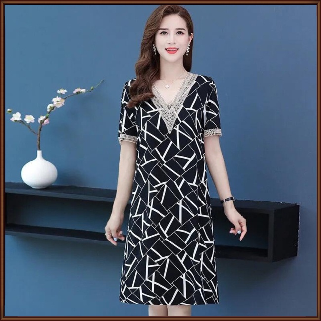 Đầm Midi Tay Ngắn Cổ Chữ V Dáng Rộng In Họa Tiết Độc Đáo Thời Trang Xinh Xắn Cho Nữ