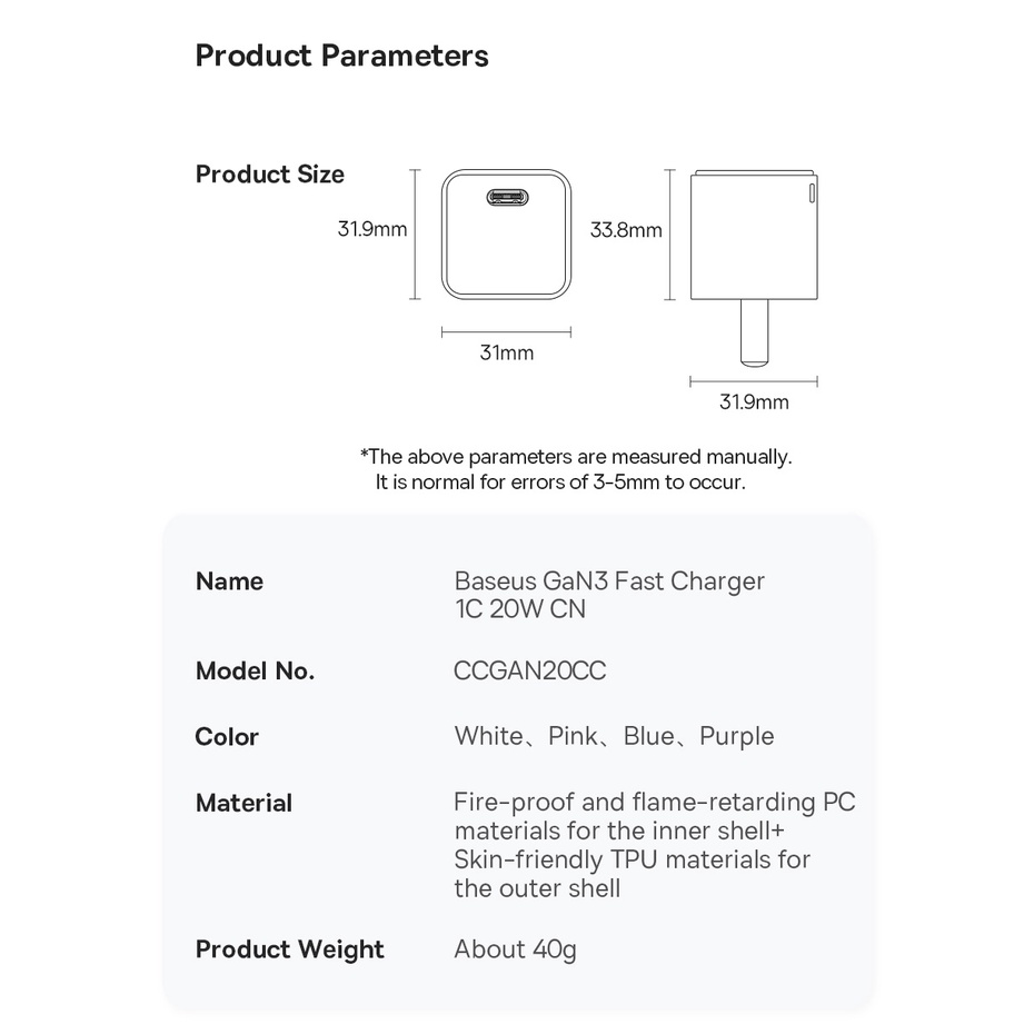 Cốc sạc nhanh Baseus GaN3 Fast Charge TypeC PD 20W - Hãng phân phối