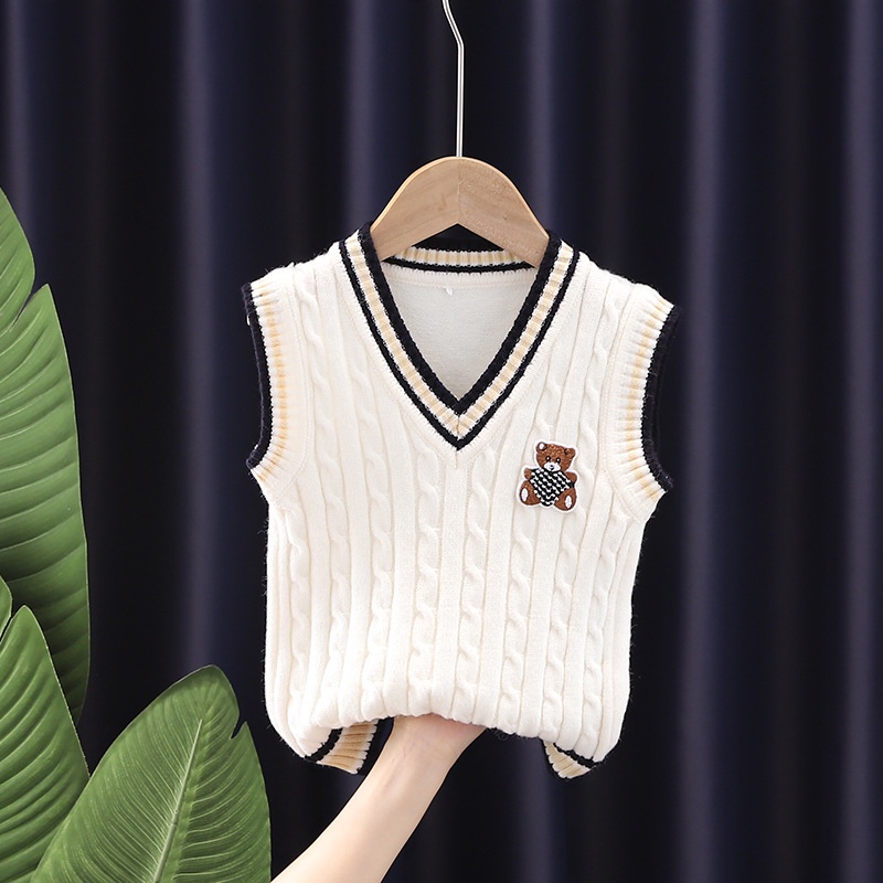 Áo Sweater Cotton Dệt Kim Cổ V Không Tay Thời Trang Mùa Thu Cho Bé