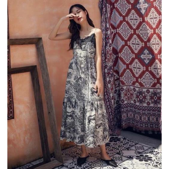 ঔৣ Váy đầm maxi boho thổ cẩm dáng dài 2 dây xoè đuôi cá cổ V phối ren vintage bầu bì bon chen hoạ tiết hoang dã ঔৣ ,