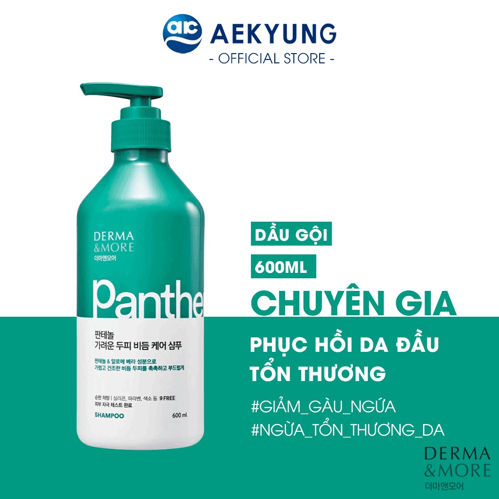 Dầu gội đầu giảm gàu ngứa Derma & More PANTHENOL phục hồi da đầu tổn thương, cấp ẩm, chăm sóc da đầu khô 600ml