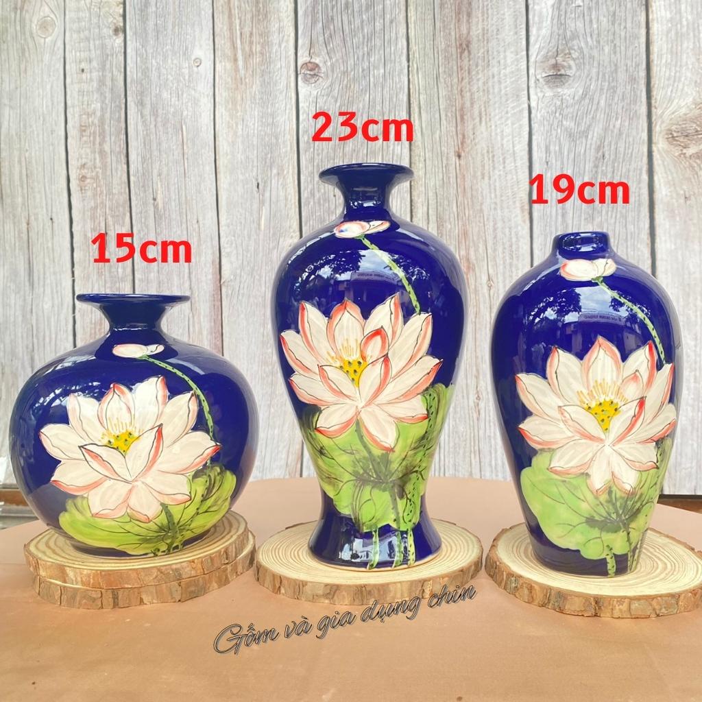 Lọ Hoa Decor Bộ Bình Hút Lộc - BÁT TRÀNG men bóng vàng đỏ cô-ban , họa tiết hoa vẽ tay cao 25,19,15cm - GỐM SỨ TUTI