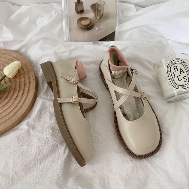 Giày búp bê có 2 quai đan chéo Mary Jane đế bằng 3cm dễ thương Yannie Lolita