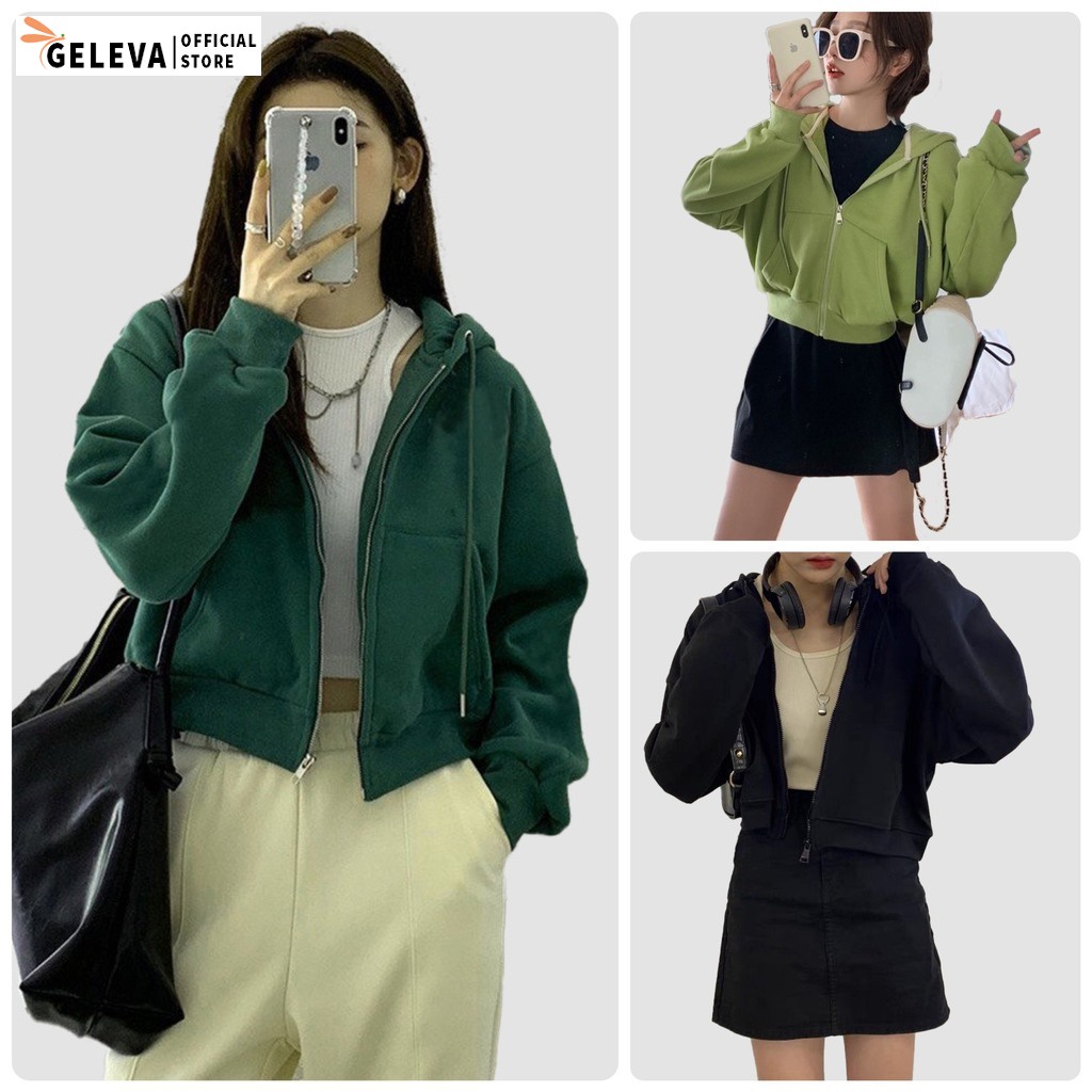 Áo khoác nỉ hoodie croptop nữ dáng lửng ngắn có mũ chất dày dặn Geleva GE982