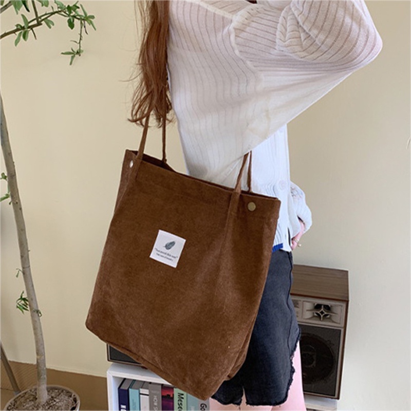 Túi Xách Tay / Đeo Vai Bằng Vải Nhung Kẻ Màu Trơn Sức Chứa Lớn Có Thể Tái Sử Dụng Thời Trang Cho Nữ