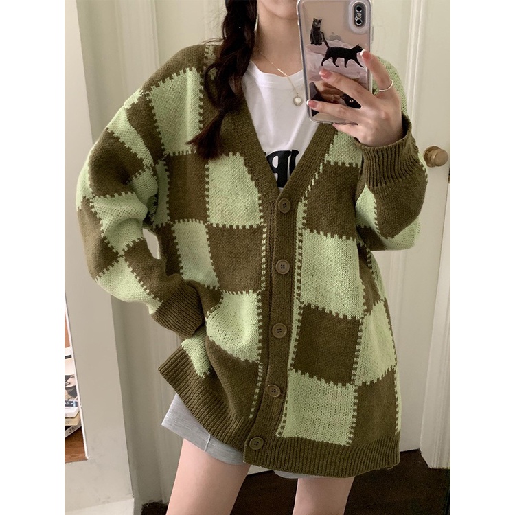 Áo Khoác Cardigan Len Hồng Họa Tiết Ô Vuông Thời Trang Hàn Quốc , Áo cardigan dáng rộng GUM OFFICIAL