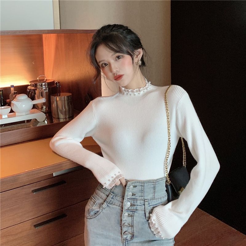 Áo Ren Dệt Kim Cổ Lọ Dáng Ôm Đính Ngọc Trai Phong Cách Hàn Quốc Thời Trang Cho Nữ