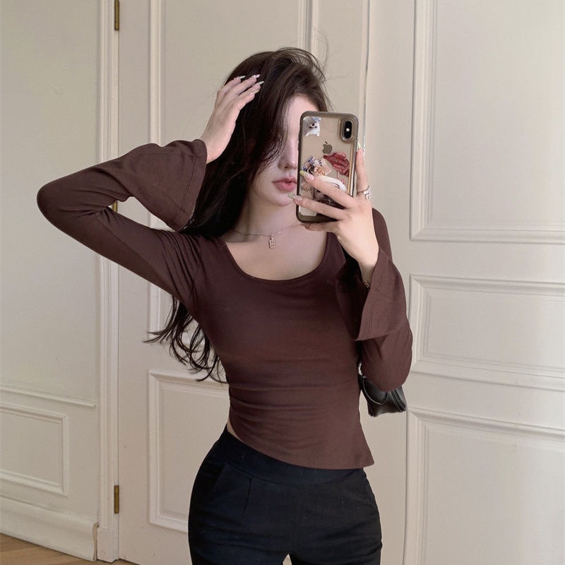 COZOK Áo Thun Tay Dài Cổ Vuông Dáng Ôm Ngắn Thời Trang Trẻ Trung