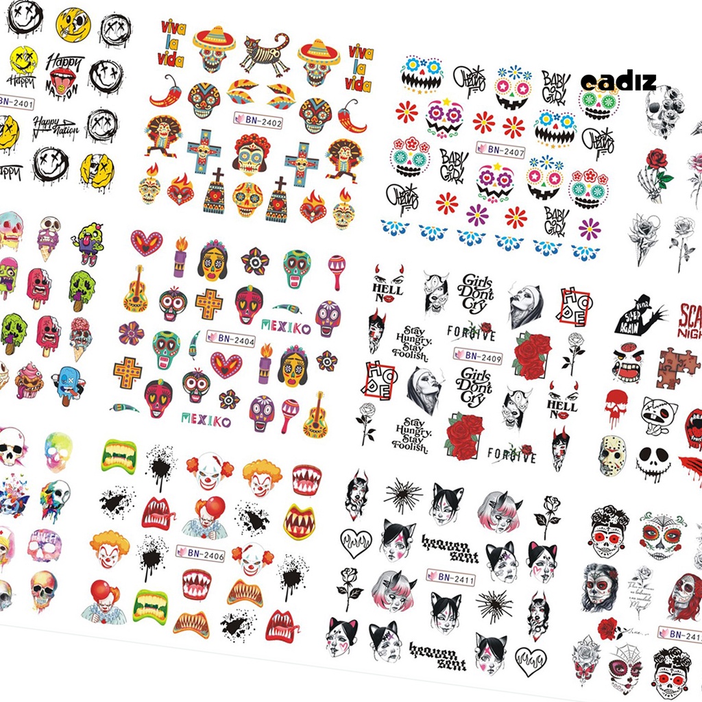 Miếng Dán Trang Trí Móng Tay Họa Tiết Đầu Lâu Không Phai Màu Phong Cách Halloween