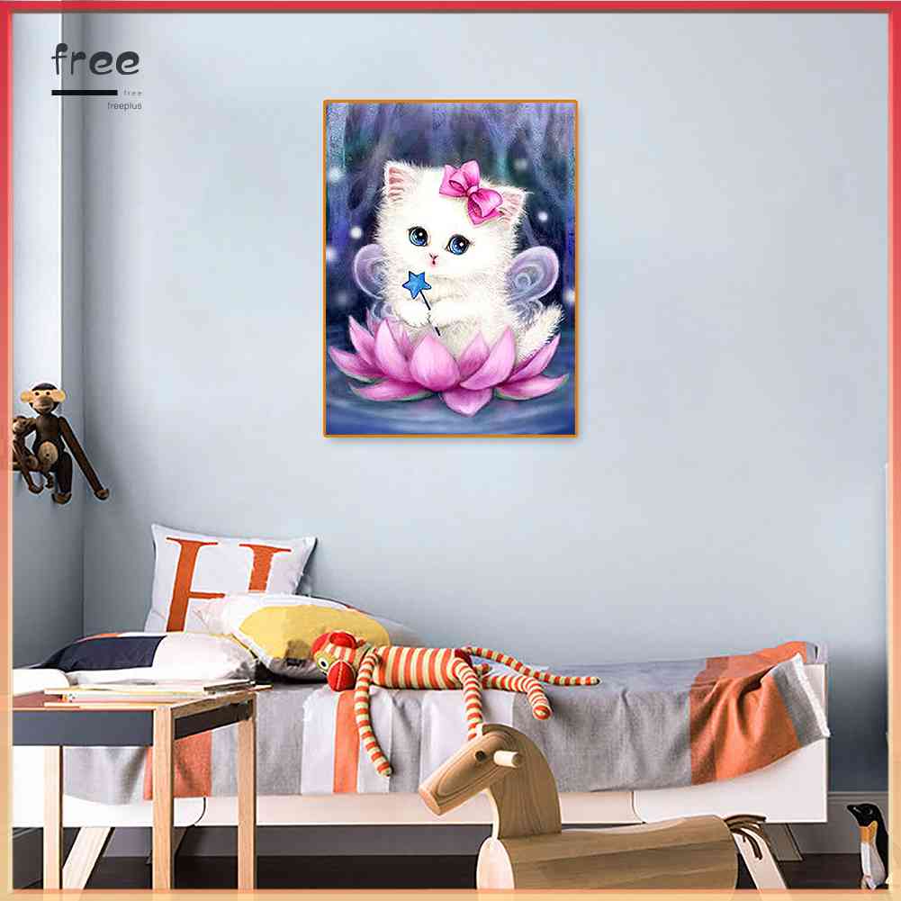 Bộ Tranh Đính Đá 5D DIY Hình Mèo Và Hoa Sen Để Trang Trí Nhà