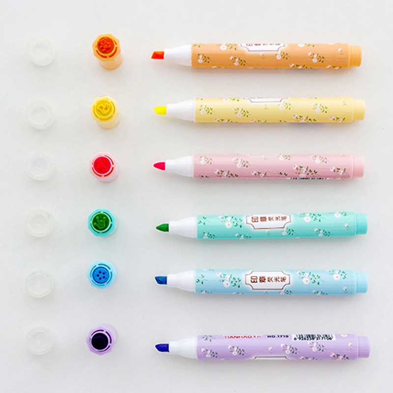 Set 6 Bút Bắt Sáng Màu Neon Kèm Con Dấu Tiện Dụng