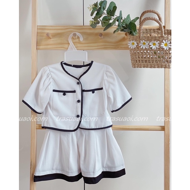 Set váy cho bé gái, set chân váy tennis bé gái kèm áo màu trắng viền đen sang trọng - TRASUAOI B008