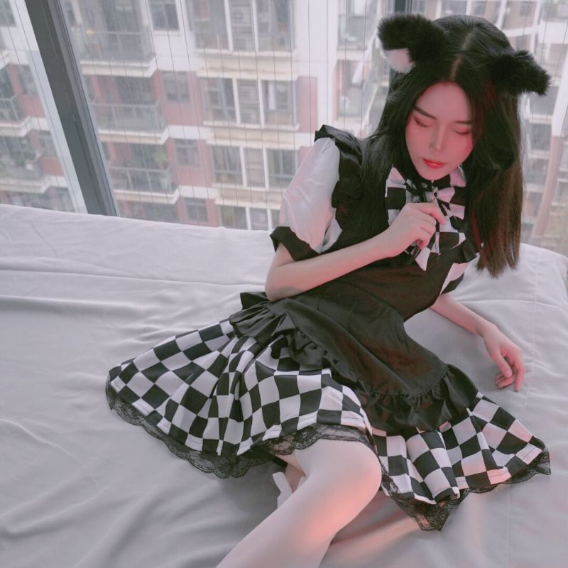 [CÓ SẴN]_Bộ đầm Lolita maid ngắn người hầu kẻ caro đen trắng
