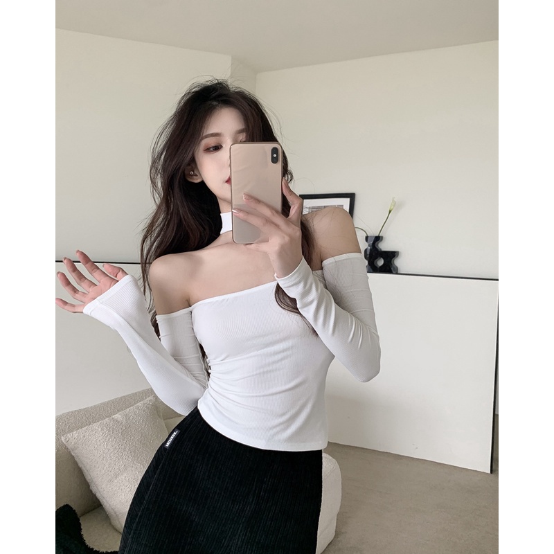 Cocory vn Áo Croptop Trễ Vai Tay Dài Màu Trơn Thiết Kế Hợp Thời Trang Cho Phái Nữ
