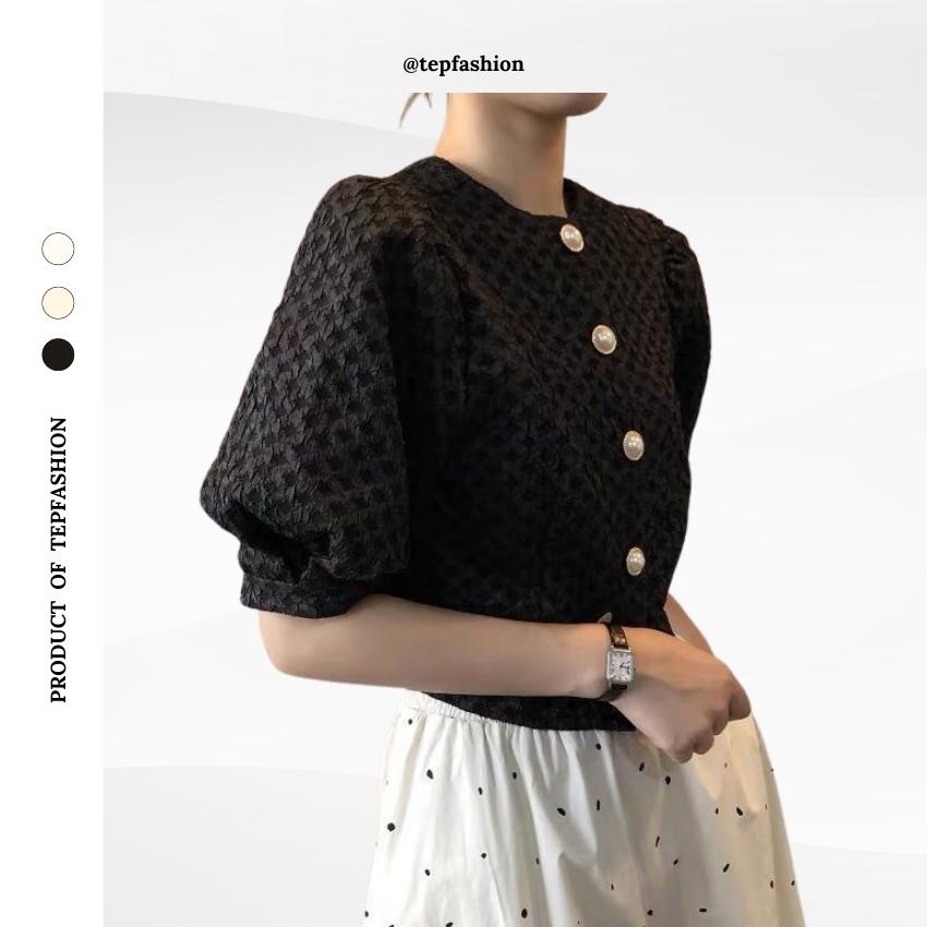 Áo Kiểu Nữ Tay Bồng Cúc Ngọc Dáng Croptop AKN011