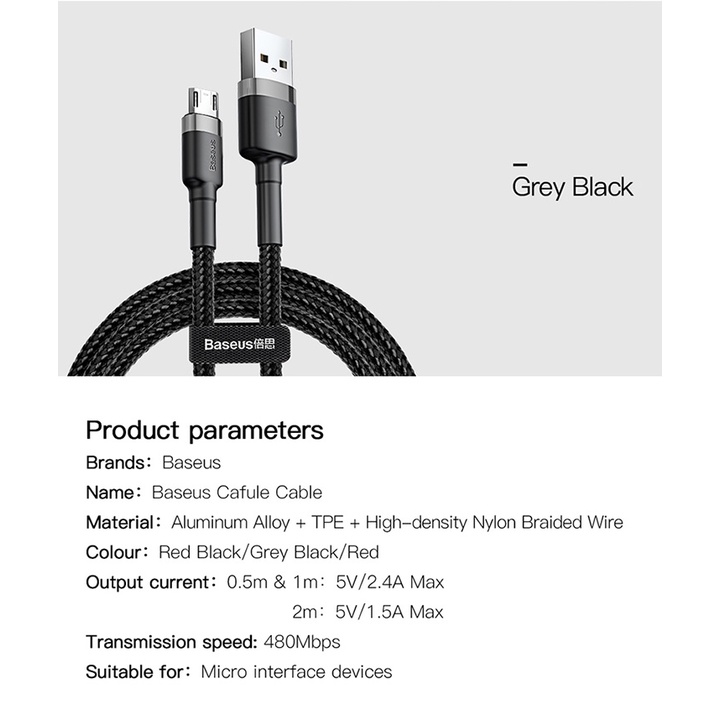 Cáp sạc nhanh Baseus Cafule Micro USB cho Smartphone Android Samsung/ Xiaomi/ Oppo/ Asus/ Huawei