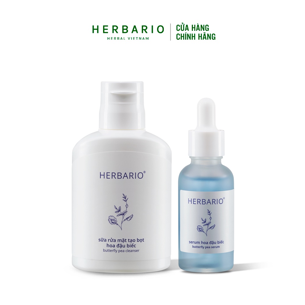 Combo Sữa rửa mặt hoa đậu biếc Herbario 100ml + Serum hoa đậu biếc Herbario 30ml cấp ẩm, ngăn ngừa lão hóa