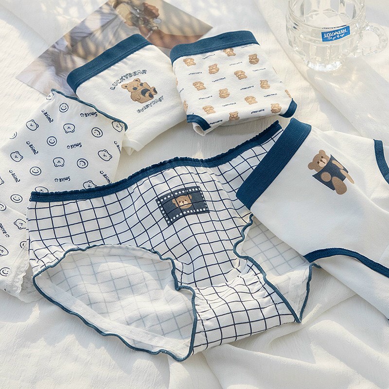 Quần lót nữ cotton họa tiết gấu nâu viền xanh hàng cao cấp