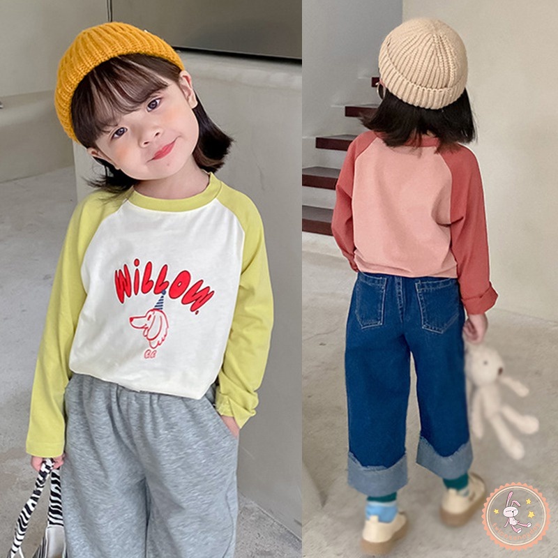 Áo Thun Tay Dài Dáng Rộng In Họa Tiết Hoạt Hình Đơn Giản Thời Trang Cho Bé Gái