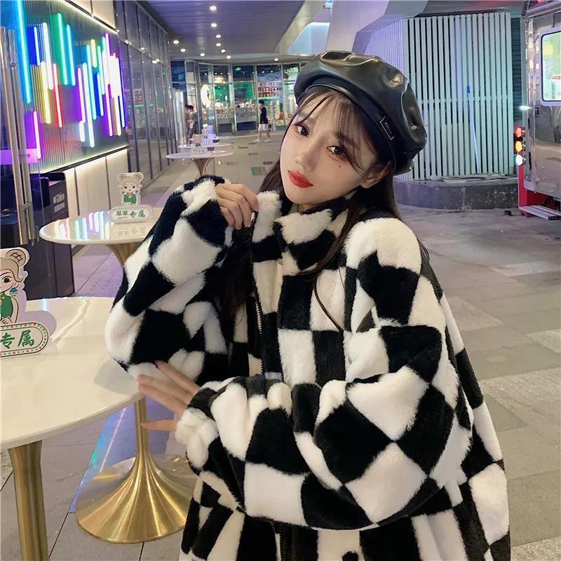 Áo Khoác Lông Cừu Dáng Rộng Sọc Ca Rô Đen Trắng Thời Trang Mùa Đông Ấm Áp