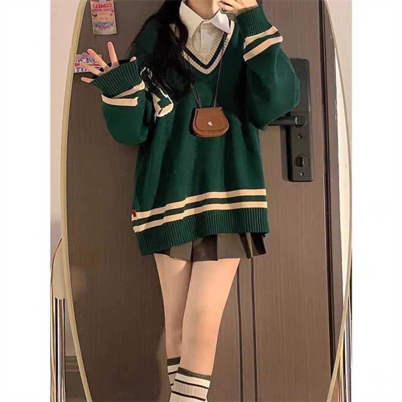 Áo Nỉ Cổ V Phối Viền Chữ R, Áo Sweater Nỉ Lót Bông Hàn Quốc