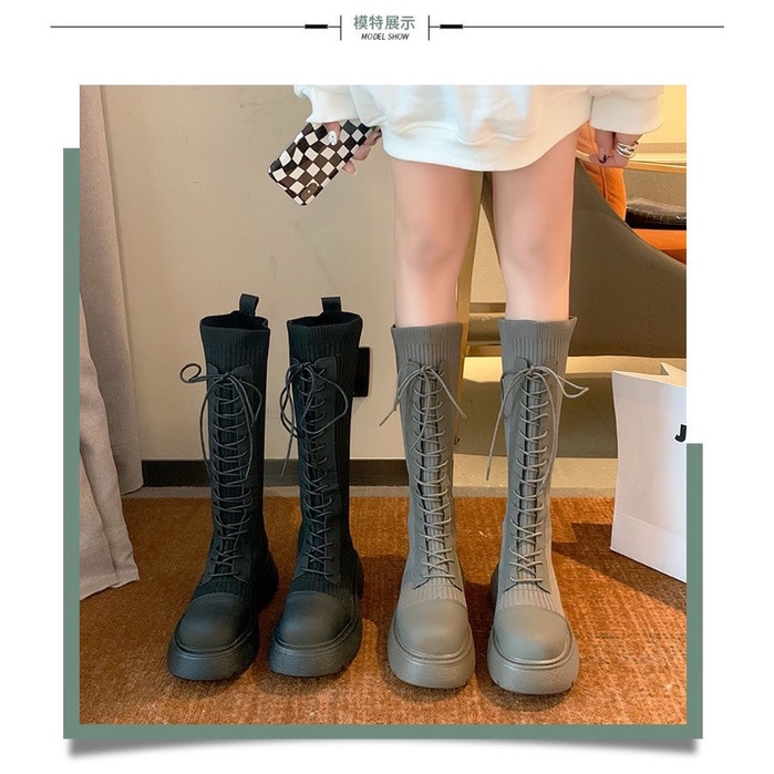 Giày boot đùi nữ vải chun phối dây buộc cá tính phong cách Hàn Quốc