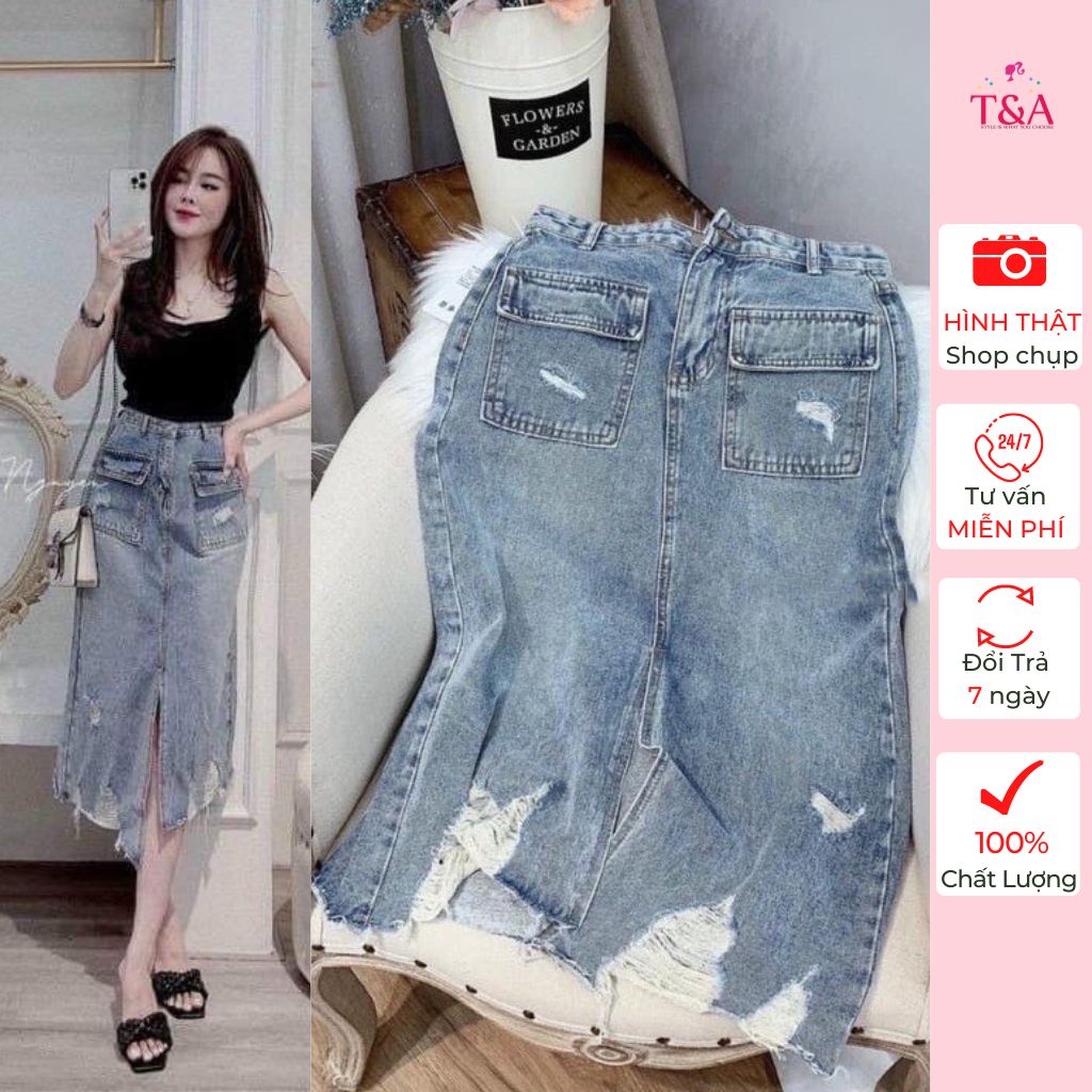 Chân Váy Bò Dáng Dài Túi Hộp Rách Tua Rua Xẻ Tà Trước Cá Tính - 449