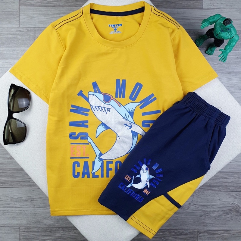 Bộ thun cotton tay ngắn quần đùi họa tiết hình in cho bé trai size đại cồ dưới 60kg