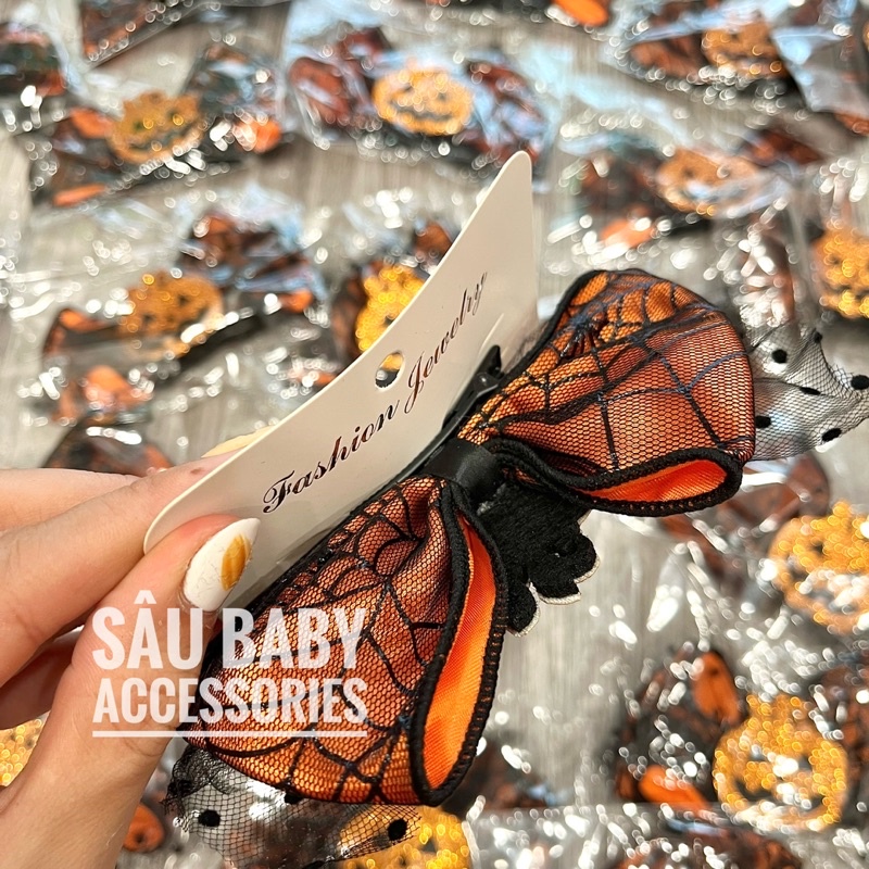 Kẹp tóc bí ngô nơ ren, sừng Halloween cho bé