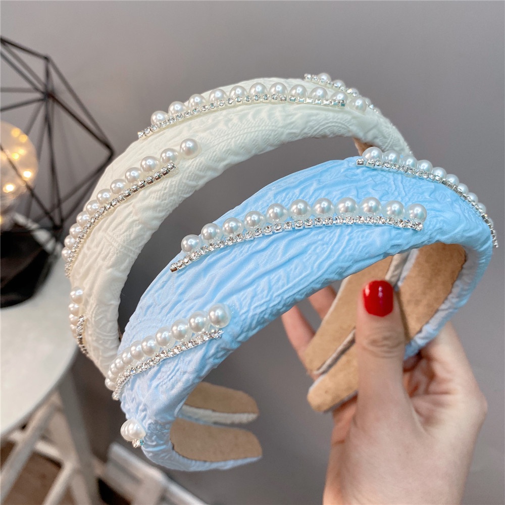 Băng Đô Cài Tóc Bản Rộng Viền Xốp Đính Hạt Ngọc Trai Dễ Thương Cho Bé Gái