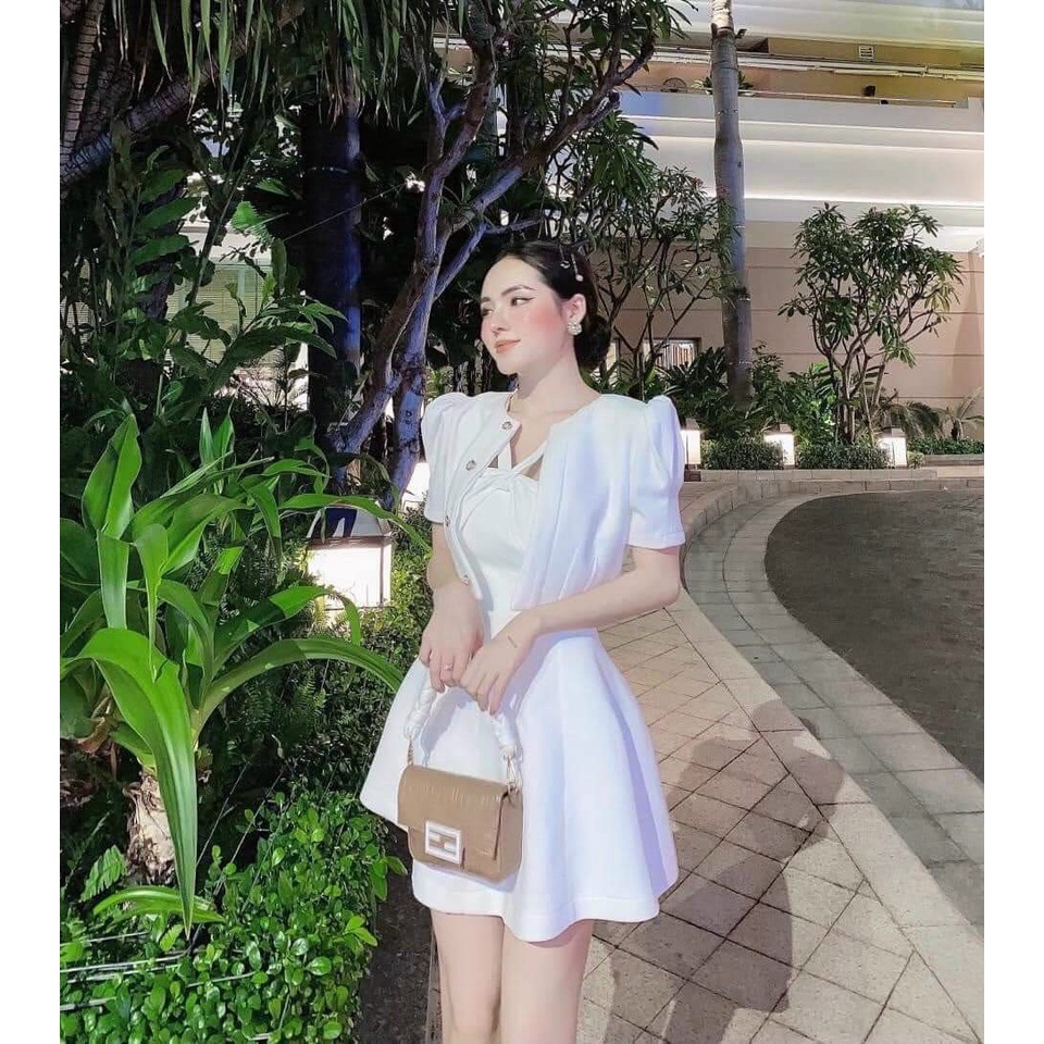 Sét váy đầm nữ dáng xòe cổ chéo mix áo khoác from ngắn cực sang chảnh