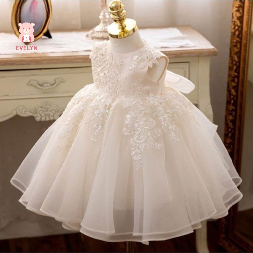 Đầm công chúa bé gái dự tiệc EVELYN tay sát nách vải voan đính ren sang trọng đủ size đại 6-45kg