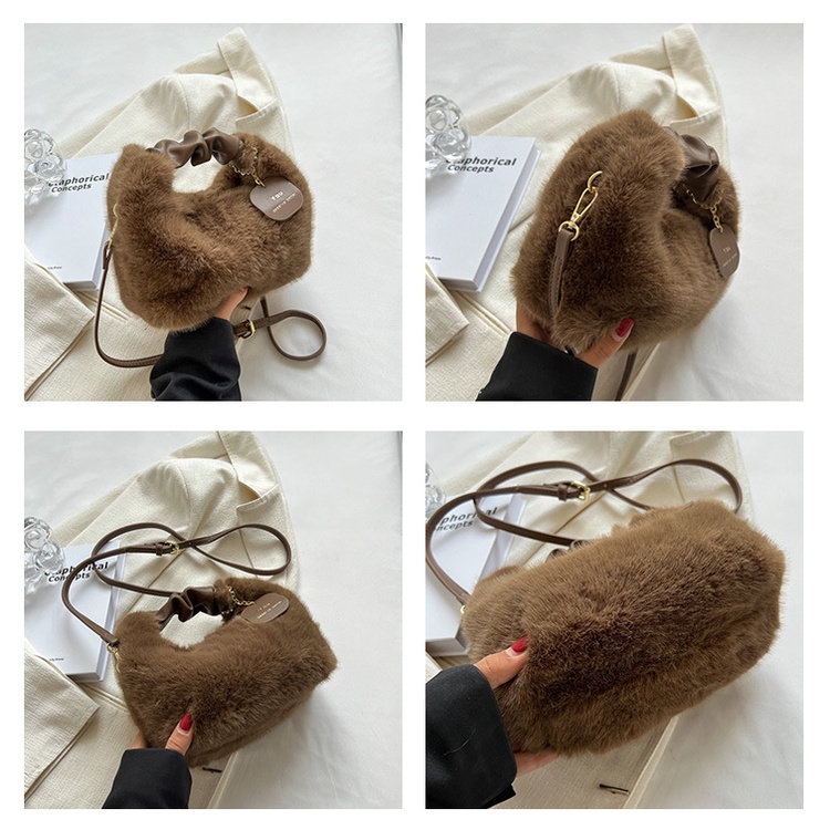 Túi Đeo Chéo Phủ Lông Xù Xếp Ly Đơn Giản Dễ Thương Thời Trang Thu Đông 2022 Dành Cho Bạn Nữ