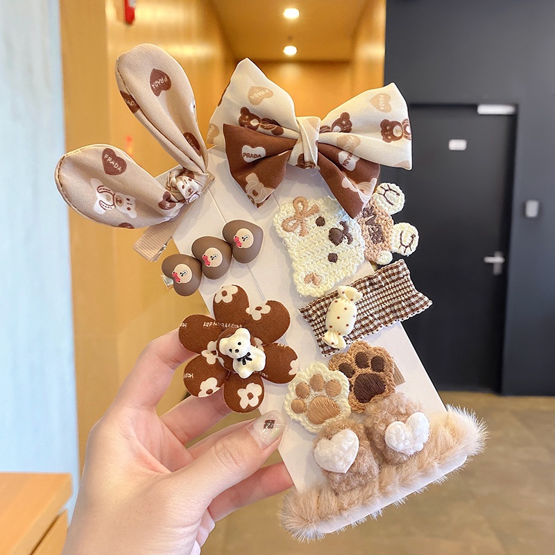 Set 9 Kẹp Tóc Phủ Lông Họa Tiết Hoạt Hình Dễ Thương Cho Bé Gái