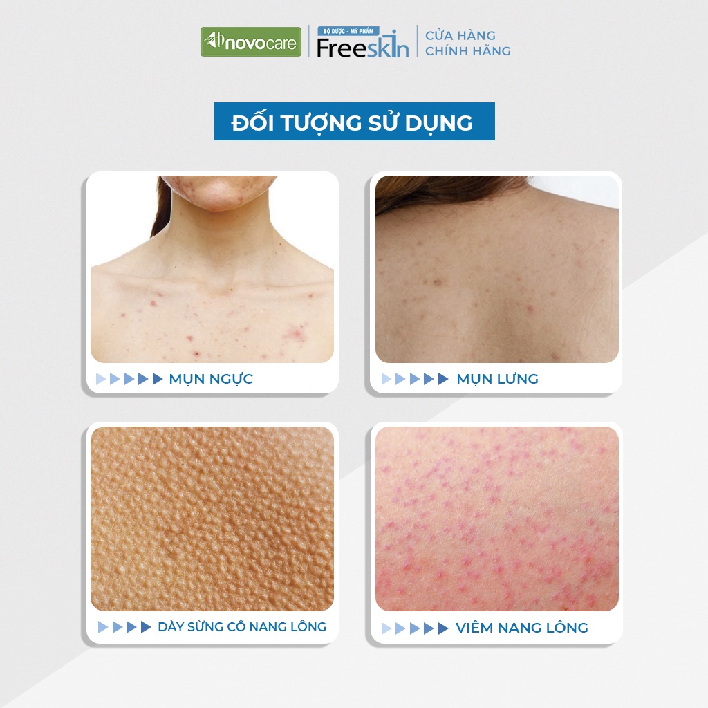 Gel tắm ngừa mụn Novocare - Freeskin ngăn ngừa viêm nang lông loại bỏ yếu tố gây ra mụn viêm, dùng cho da nhạy cảm 250ml