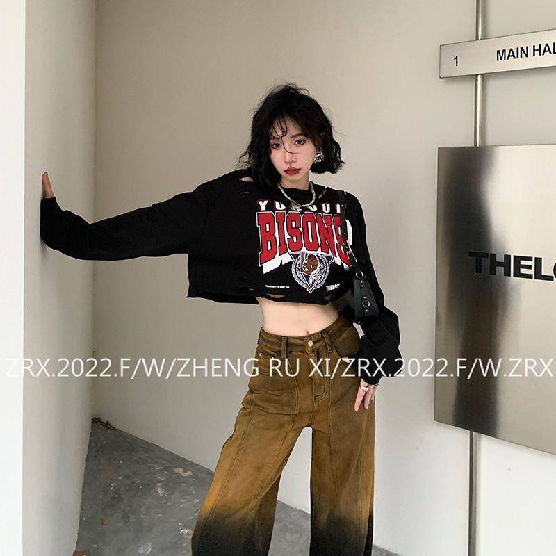 COZOKC COZOK Áo thun crop top COZOK tay dài in họa tiết chữ cái thời trang Hàn Quốc dành cho nữ