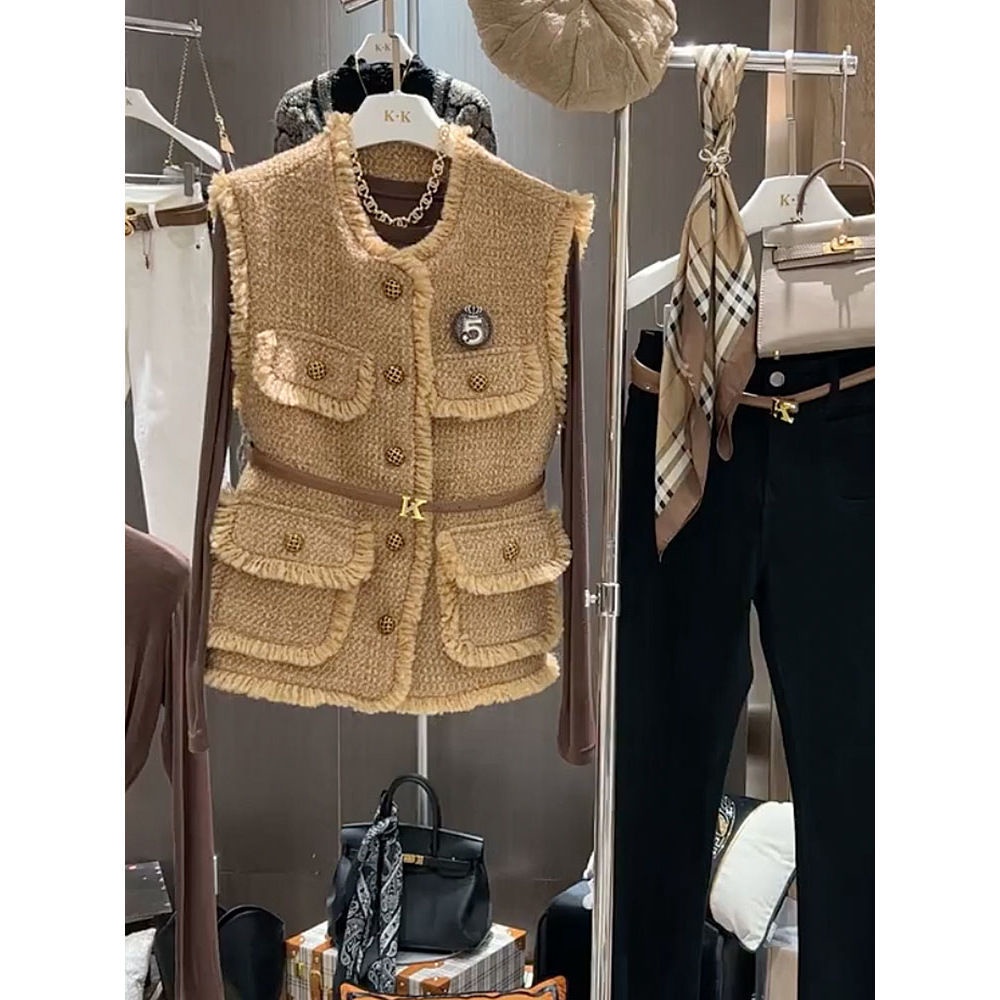 Hot | Người nổi tiếng dệt vest tweed vest jacket pocket top tua vest với thắt lưng